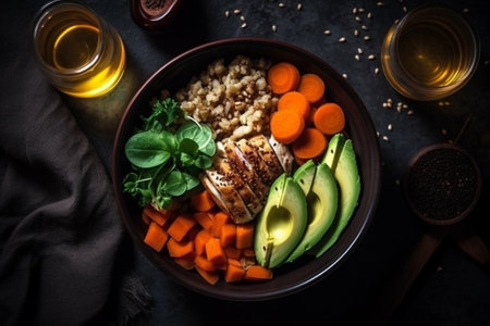 Bowl with buckwheat porridge, chicken fillet, avocado, carrots and basil. Healthy food concept.の素材