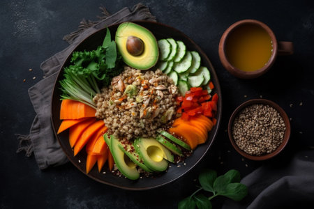 Buddha bowl with quinoa, avocado and vegetables on dark background. Top viewの素材