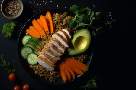 Healthy lunch with quinoa, chicken and vegetables on black backgroundの素材