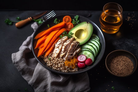 Buddha bowl with quinoa, avocado, cucumber, radish, carrot and sesame seedsの素材