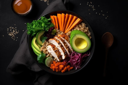 Hawaiian poke bowl with chicken, avocado, carrot, cucumber, lettuce and sesame seedsの素材