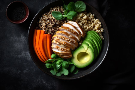 Buddha bowl with quinoa, avocado and chicken on black backgroundの素材
