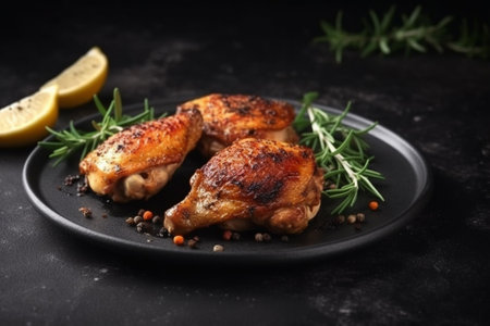 Grilled chicken legs with rosemary and spices on a black plate.の素材