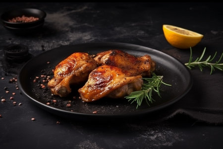 Grilled chicken wings with rosemary and spices on a black plateの素材