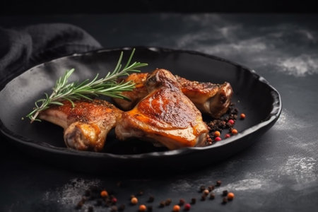 Grilled chicken legs with rosemary and spices on a black plateの素材