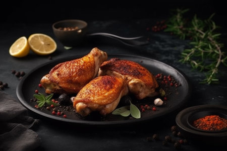 Grilled chicken legs with spices and herbs on a black background.の素材
