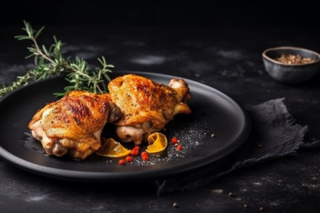 Roasted chicken legs with spices and herbs on a black plate.の素材