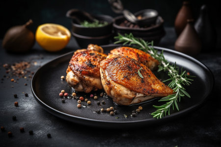 Roasted chicken legs with rosemary and spices on a black plateの素材