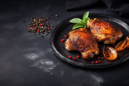 Roasted chicken legs with spices and herbs on a black plate.の素材