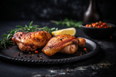 Grilled chicken legs with rosemary and spices on black slate plateの素材