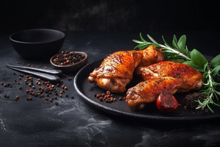 Roasted chicken legs with spices and herbs on a black background.の素材