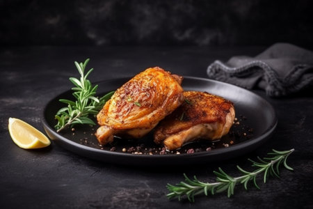 Grilled chicken fillet with rosemary and spices on black plateの素材