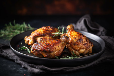 Grilled chicken legs with rosemary and spices on a black plateの素材