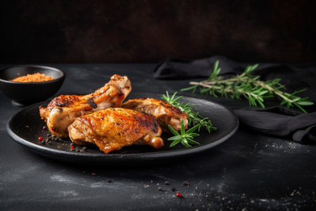 Grilled chicken legs with rosemary and spices on a black plateの素材