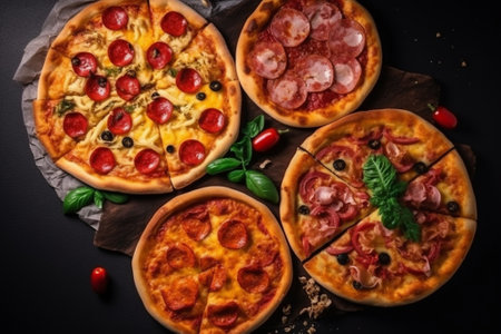 Pizza with salami, mozzarella and tomatoes on a black backgroundの素材