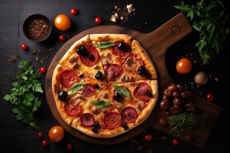 Pizza with salami, olives and tomatoes on a black backgroundの素材