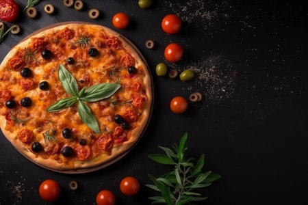 Pizza with tomatoes, olives and basil on a black backgroundの素材