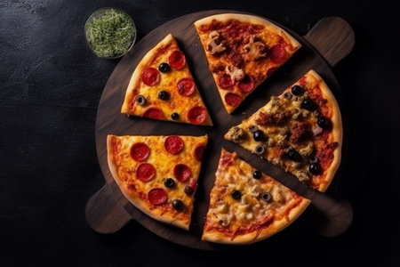 Pizza with mozzarella cheese, olives and tomato on a black backgroundの素材