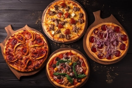 Pizza on black wooden background. Top view with copy space.の素材