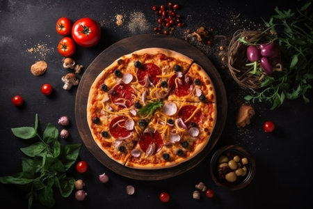 Pizza with salami, mozzarella, olives and tomatoes on black backgroundの素材