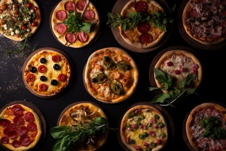 Different types of pizzas on a black background. Top view.の素材