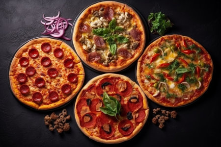 Pizza with salami, mozzarella cheese and basil on a black backgroundの素材