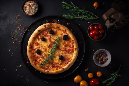 Homemade pizza with tomatoes, olives and rosemary on black backgroundの素材