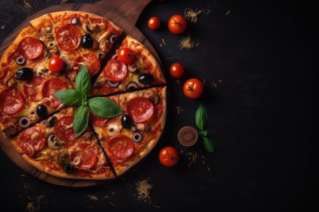 Pizza with pepperoni, olives, tomatoes and basil on a black backgroundの素材