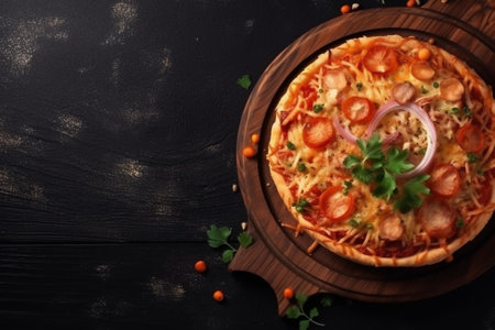 Pizza with sausages and vegetables on a black wooden background.の素材