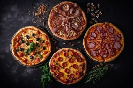 Different types of pizzas on a black background. Top view.の素材