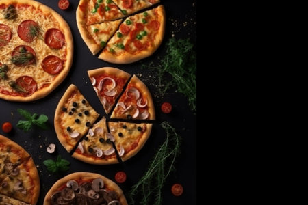 Pizza on a black background with space for text. Top view.の素材