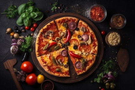 Pizza with mozzarella cheese, mushrooms and tomatoes on a dark backgroundの素材