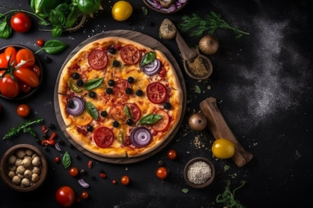 Pizza with mozzarella cheese, tomatoes and basil on black backgroundの素材