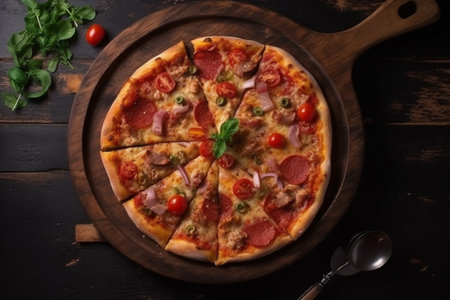 pizza with salami, mozzarella and tomatoes on wooden backgroundの素材