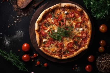 Pizza with mozzarella cheese, tomatoes and herbs on black backgroundの素材