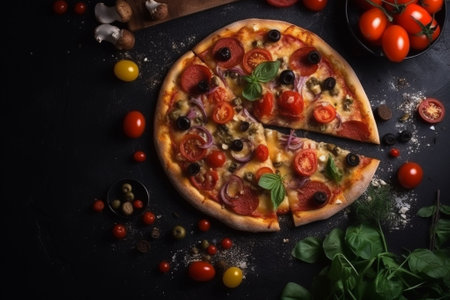 Pizza with mozzarella cheese, tomatoes and olives on a black backgroundの素材