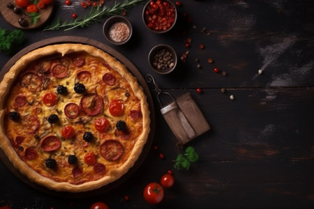 Homemade pizza with salami, tomatoes and olives on dark wooden background. Top viewの素材