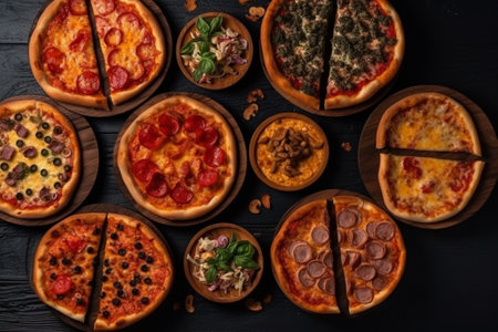 Different kinds of pizzas on a black wooden background, top viewの素材