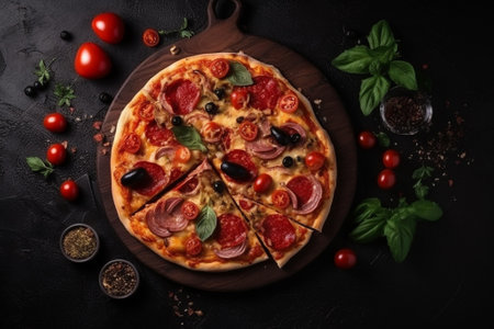 Italian pizza with salami, olives and tomatoes on black backgroundの素材
