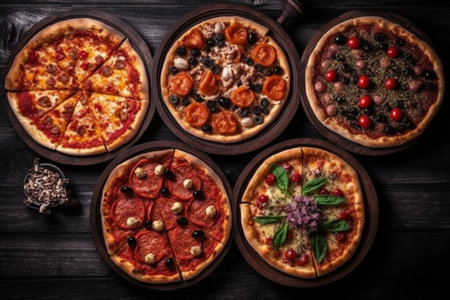 Variety of pizzas on a wooden background. Top view.の素材