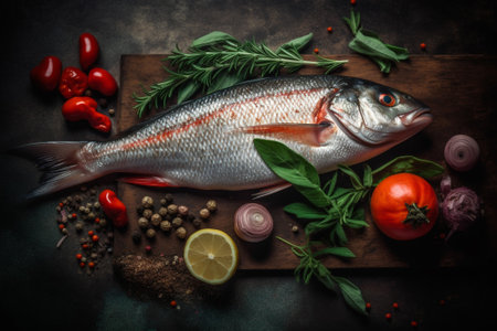 Fresh raw seabass with herbs and spices on dark background.の素材