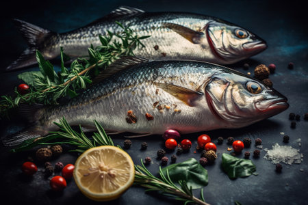 Fresh fish with herbs and spices on a dark background. Toned.の素材