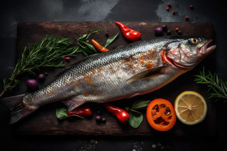 Fresh raw rainbow trout fish with ingredients for cooking on a dark backgroundの素材