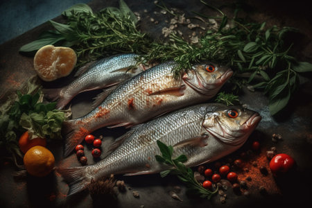 Fresh fish with herbs and spices on a dark background. Toned.の素材