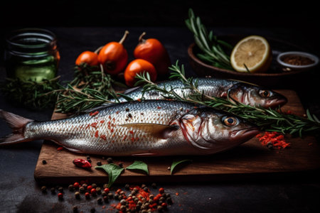 Fresh fish with herbs and spices on a dark background. Selective focus.の素材