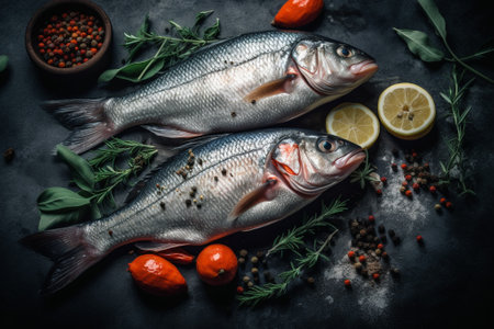 Fresh fish with herbs and spices on a black background. Toned.の素材