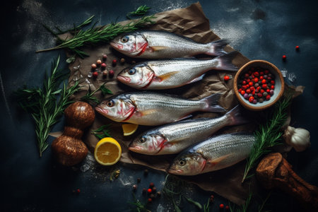 Fresh raw fish with ingredients for cooking on dark background. Top viewの素材