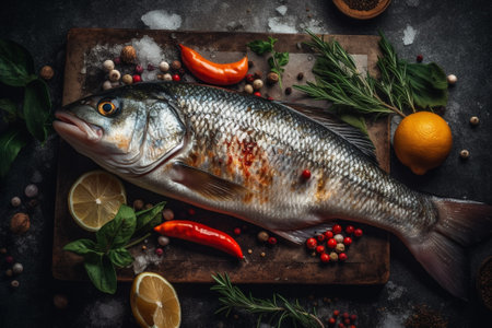 Fresh fish with herbs and spices on a dark background. Top viewの素材
