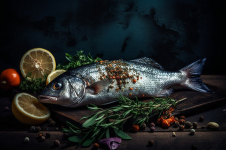 Fresh fish with herbs and spices on a dark background. Toned.の素材