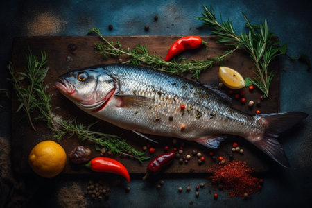 Fresh raw fish with spices on a dark background. Selective focus.の素材